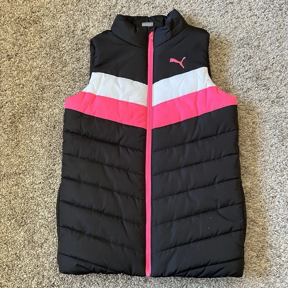 Puma Puffer Vest Girls Size Medium 10/12 Black/Pink/White - Picture 2 of 8